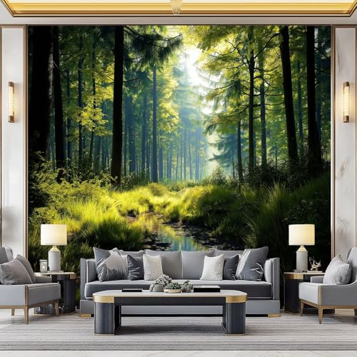 Papel Pintado Tejido No Tejido 400 x 280 cm (An x Al), Amarillo Verdoso Fotomurales - Naturaleza Tranquilo Bosque Decoración de Pared con Murales Decorativos
