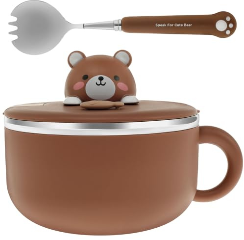 1200ML Rapid Ramen Bowl with Lid Spoon Chopsticks, Stainless Steel Ramen Noodle Bowl with Lid Mobile Phone Holder, Instant Noodle Bowls for College Dorm Home Office （Little Bear）