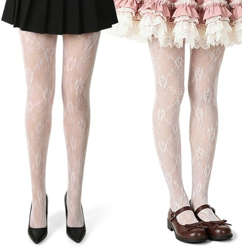 WJIAAA 2 par vita strumpbyxor dam, spetsstrumpbyxor med blommigt ihåligt mönster, Lolita tights, balettstrumpbyxor dam, nätstrumpbyxor spets, eleganta strumpbyxor för mångsidiga kläder