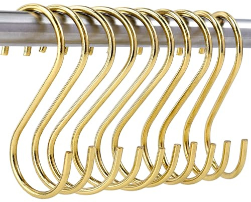 Cptoion 10 Stück S-Haken Messing, Gold S Förmige Haken zum Aufhängen, Metall Gestellhaken für Küche Bad Schrank, Haken für Topf Pfanne Tassen Handtücher