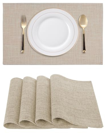 RoiYeel Tischsets Leinen 4er Set, Stoff Platzdeckchen, 30x46cm, waschbar, knitterfrei, rutschfest Hitzebeständig Tischuntersetzer leicht zu reinigen, für Esszimmer Küche Tischdekoration - Beige