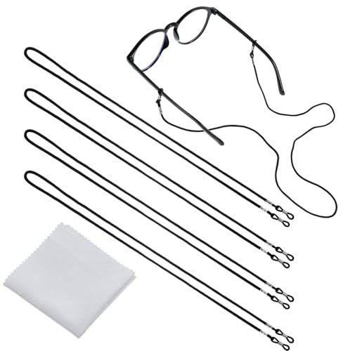 Andibro 4 Pcs Black Glasses Strap, Adjustable Sunglasses Straps Cords Glasses Chain with 1 Microfibre Cleaning Cloth Eye Glasses Holder Strap Around Neck for Men Women