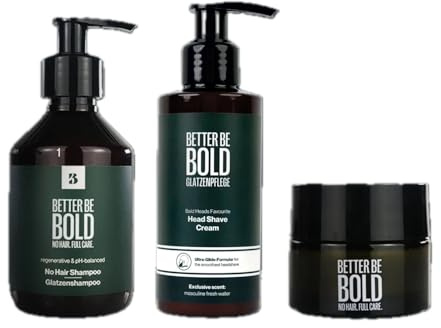 BETTER BE BOLD – Die Glatzen-Rasur Pflegeroutine I Glanz, Pigmentflecken & Trockenheit – Mit Glatzencreme, Shampoo & Rasiercreme – Kopfhautpflege 0–3 mm – Für Männer mit Glatze