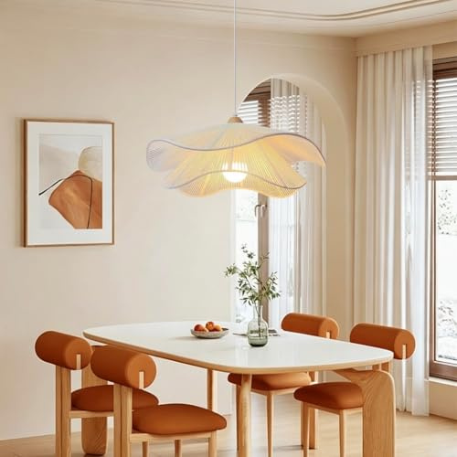 BBWO LED-Pendelleuchte Aus Rattan Handgeflochtene Hängelampe Kronleuchter Im Retro-Blütenblatt-Design Moderne Esstischlampe Boho-Stil Geeignet Für Esszimmer Kücheninsel Wohnzimmer(Weiß,40CM)