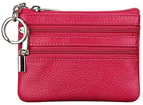 Damen Echtleder Münzbörsen Mini,Klein Geldbörse Münzegeldbörse mit Schlüsselanhänger, rosarot