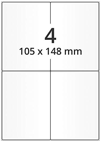 Inkjet Etiketten hochglänzend - 105 x 148 mm - 400 Papier Haftetiketten auf 100 Blatt, DIN A4 Bogen für Laser und Inkjet, glossy, weiß