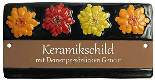 Handarbeit aus Schleswig-Holstein Keramikschild 16,5 x 8,5 cm Vier Blüten mit schwarzem Rand (braun)