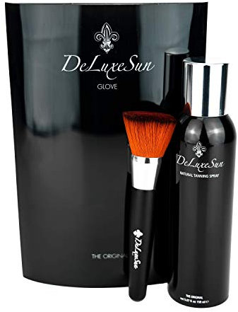 DeLuxeSun Tanning Set bestehend aus 1x DeLuxeSun Natural Tanning Spray 150ml + 1x Glove/Handschuh + 1x Pinsel zum streifenfreien Auftragen und Verwischen von Konturen