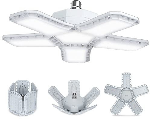 HZSANUE B22 Bayonet LED Garage Light 80W, Daylight White 6500K 9000Lm Deformable Workshop Lamp with 5 Adjustable Panels, LED Ceiling Lighting, for Garages, Basement, Warehouse Attic, Gym(Pack of 1)