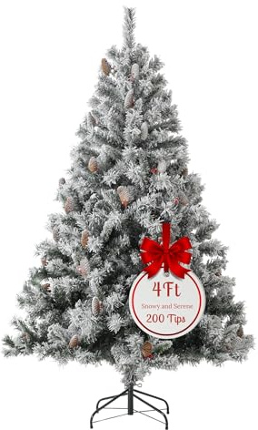 EVRE 4FT White Snow Flocked Artificial Christmas Tree 200 Tips Xmas Pine Red Berries Metal Stand Fir Spruce Green Small 120cm Hinged Branches Realistic Easy Assembly Indoor Holiday Decorations