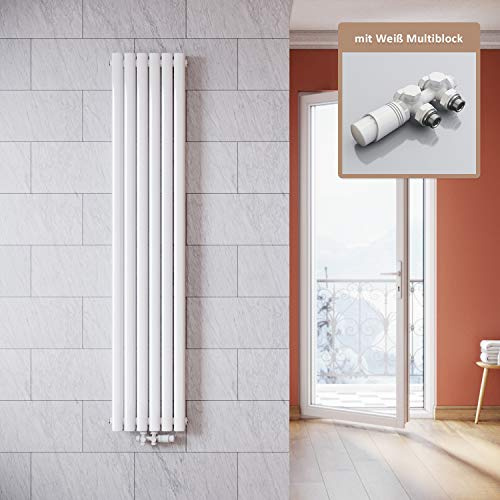 ELEGANT Vertikal Heizkörper Design Weiß 1800x354mm mit Multiblock Weiß Thermostat Röhrenheizkörper Doppellagig Badheizkörper Mittelanschluss