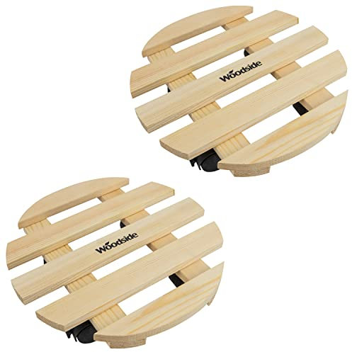 Woodside Round Wooden Plant Pot Trolley Movers, 360° Flowerpot Planter Caddy (pack of 2)