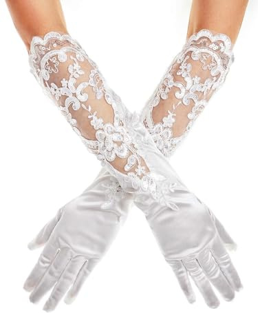 IYOU Satin Hochzeit Brauthandschuhe Floral Weiß Handschuh Lange Oper Party Braut Handschuhe für Frauen