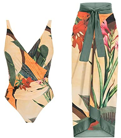 Saymany Damen Badeanzug v Ausschnitt Sexy high Waist Badeanzug Swimsuit Sport Einteiler bademode Tankini Push up+ 1-teiliges Vertuschung-Badeanzug mit Vintage Druck Elegant Swimsuit