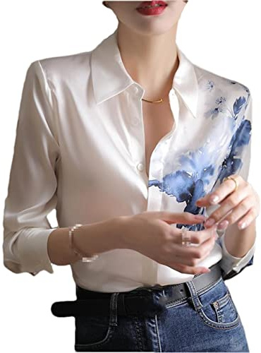 Youllyuu Camicetta in chiffon stampata da donna Top a maniche lunghe Camicette in raso vintage Camicia di seta allentata casual, bianco, M