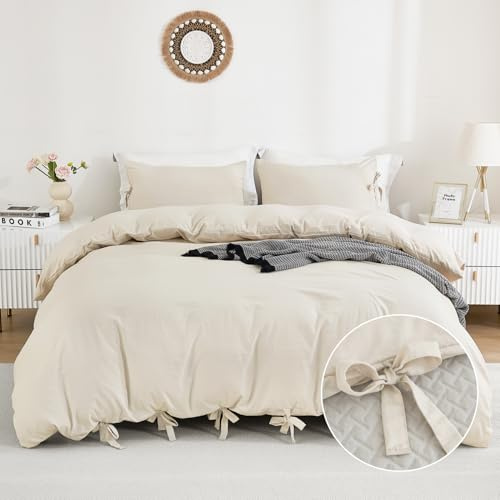 annadaif Duvet Cover King Beige (104x90 Inch), 3 Pieces (1 Duvet Cover, 2 Pillowcases) Soft Washed Microfiber Bow tie Bowknot Duvet Cover Set, Easy Care Bedding Set for Men, Women