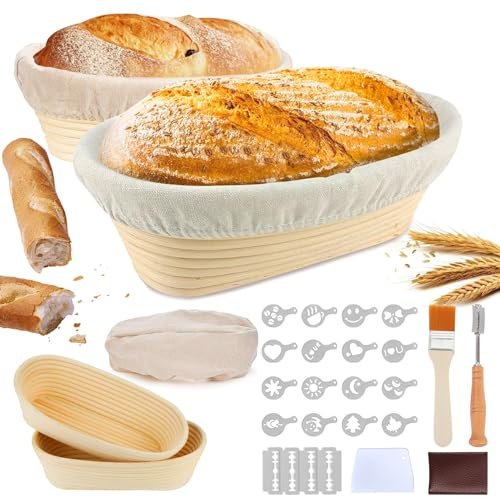 Gärkörbchen für Brot, 2 Stück, 24 cm Oval Gärkorb zum Brotbacken, Backen Zubehör Brotkörbchen 100% Natürliches Rattan, Inklusive Bäckermesser, Bürste, Teigschaber und Bäckerleinen für Zuhause Backen
