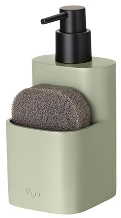 Vigar - Dispensador Jabon Cocina y Esponja - 8,3 x 9,3 x 17,7 cm - Pocket - Dosificador de Jabón con Bolsillo para Estropajo - para Fregar Platos - Verde y Negro