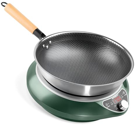 Abangdun 1700W 120V Concave Induction Wok Cooktop with Stainless Steel Wok, Non-Pulse Continuous Heating, 16 Power Levels, Portable Countertop Burner for Round-Bottom Woks & Stir-Fry Cooking