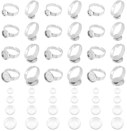 UNICRAFTALE 24 Set 4 Größen Blanko Ringe Basis Fingerringe Verstellbare Lünette Ring Edelstahl Ringbasis Flach Rund Blanko Ringe Basis Cabochon Basis Lünette Tablett Für Schmuckherstellungs Zubehör