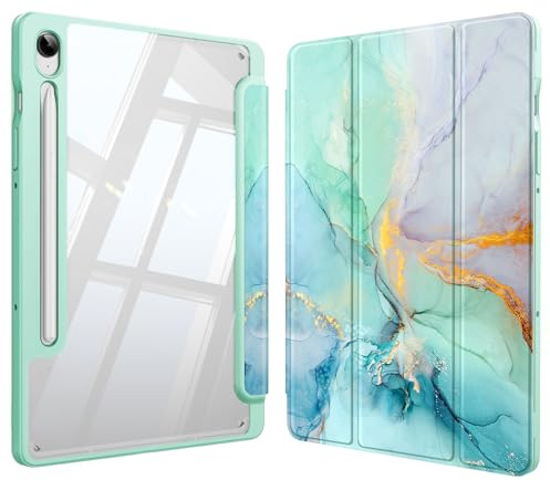 Fintie Hybrid Hülle für Samsung Galaxy Tab S10 Lite/S10 FE/S9 FE 10.9 | Stoßfeste Schutzhülle mit Transparenter Hartschale auf der Rückseite, S Pen Halter, Auto Sleep/Wake, Smaragd Marmor