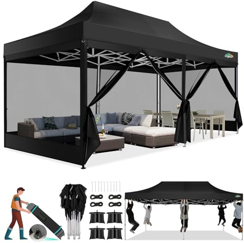 COBIZI Tonnelle 3x6 m imperméable et Stable, pavillon Pliant 3x6 avec 6 moustiquaires, Toile Oxford 420D, Anti‑UV UPF 50+, Montage Rapide, Hauteur réglable, Sac de Transport à roulettes, Noir | Protection UPF50+, 3 hauteurs réglables, 6 parois moustiquaires, tissu Oxford 420D robuste, avec sac de rangement à roulettes