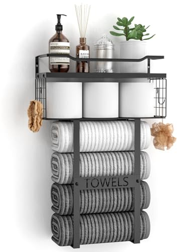 Wall Mounted Towel Rack for Bathroom - Bath Storage Holder Set Above Toilet, Rolled Towel Shelf Organizer, Wood Vertical Rack for Small Bathroom Decor, Black
