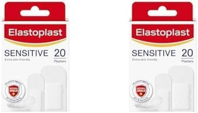Elastoplast Sensitive Hypoallergenic Plasters (20 Plasters), Plasters for Painless Removal, Soft and Breathable Fabric Plasters, Protects and Cushions The Wound, Sensitive Plasters, White (Pack of 2)