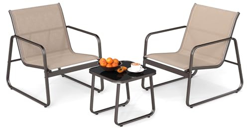 GOPLUS Salon de Jardin 2 Personnes,3Pcs Table Basse avec 2 Fauteuils Jardin，Salon de Bistrot avec Cadre Métallique, pour Jardin, Balcon, Piscine (Café)