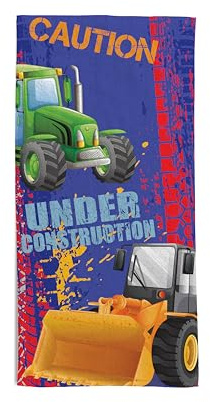 hermet Ruspe, Camion, Trattore, Telo Mare Bambino, 70x140 cm, Asciugamano da Spiaggia o Piscina con Disegni di Ruspe, Camion e Trattori, 100% Morbido Cotone, Leggero e Pratico