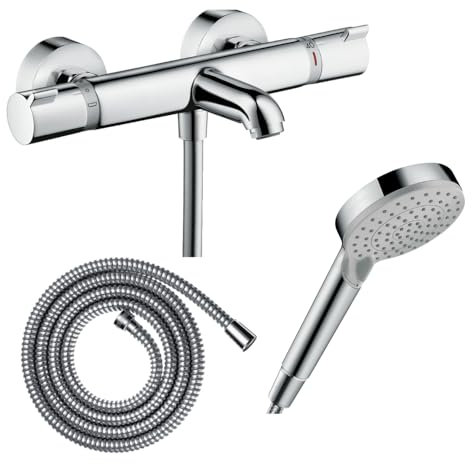 Hansgrohe Pack mitigeur Bain thermostatique Ecostat Comfort + Flexible Metaflex 1,6m + Pommeau Vernis Blend EcoSmart 2 Jets chromé