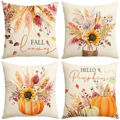VEEKAY Set de 4 Fundas de Almohada Decorativas 45X45cm,Otoñal Cojines Decorativos,Fundas de Cojín Acción de Gracias,Fundas de Cojín Calabaza,Funda de cojín,para Oficina, Dormitorio, sofá,decoración