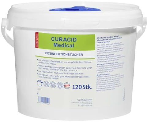 Curacid Medical Desinfektionstücher im Spendereimer, alkoholfrei, 120 Stück | gebrauchsfertige Feuchttücher zur schnellen Flächendesinfektion, desinfizierende Wischdesinfektion, feuchte Reinigungstücher