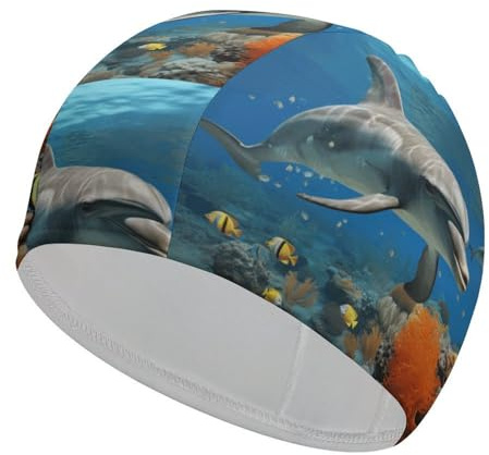 Blaue Badekappe mit Delfinen, für Damen und Herren, Badekappe für langes Haar, wasserdichte Badekappe, beste Badekappe, die das Haar trocken hält