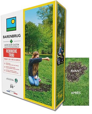 BARENBRUG - Soin Rebouche Trou - Solution 3-en-1 - Engrais Organique pour Nourrir Gazon - Support Végétal pour Optimiser Germination - Limite Apparition Mauvaises Herbes - Fabriqué en France - 1KG