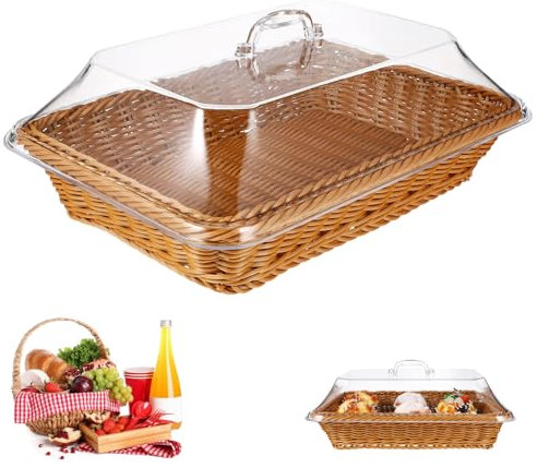Panier de rangement en osier tissé avec couvercle en acrylique pour servir la nourriture et le pique-nique - Corbeille à pain faite à la main - Panier à pain pour présentation et rangement de table -