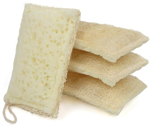YICOTA 4 Pack Seep Eco Sponges,Reusable Washing Up Sponge,Compostable Kitchen Sponge Cleaning Sponges with Cotton Hanging Loop Natural Loofah,Scourer Sponges for Kitchen, Household Non-Scratch