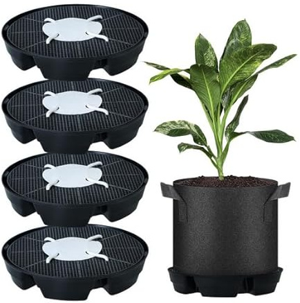 Beowanzk 4-Pack Self-Watering Plant Saucers | PP Automatic Watering Trays for Fabric Pots, Visible Window & Deep Root Nourishment (12.6 inch, Black)