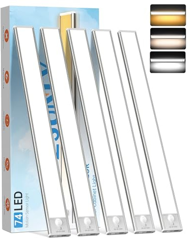 PZSUNLY Unterbauleuchte Küche LED, 40 cm Bewegungsmelder Licht, 5 Stück | 2200mAh, 74LEDs, USB-Ladung,3 Farbtemperaturen & 5 dimmbare Helligkeit,Magnetsaugeinstallation,für Kleiderschrank, Küche