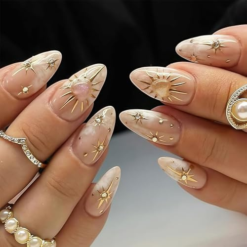 Yamobi 24 Stück Mandel Press On Nägel, 3D Gold Sterne, Rhinestones, Acrylnägel, Kurze Fake Nails, Stiletto, künstliche Nägel, Glossy Nude Ombre Designs