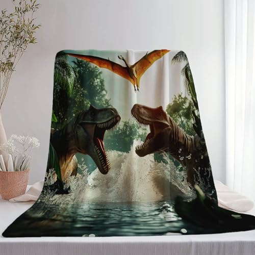 Kuscheldecke Flanell Fleecedecke 150 x 200 cm, für Wohnzimmer oder Schlafzimmer Cartoon-Dinosaurier Pflanzenfotografie Bedruckte Sofadecke, weich hautfreundlich pflegeleicht Hellgrün