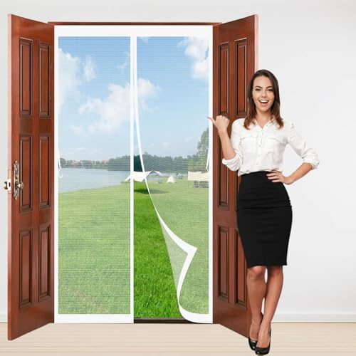 Magnetic Fly Screen for Balcony Door 158 x 206 cm Top-to-Bottom Seal Snaps Shut Automatically Magnetic Fly Screen Door for Balcony Sliding Doors Living Room, White
