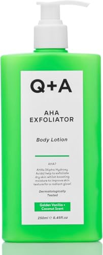 Q+A AHA - Lozione esfoliante per il corpo (250 ml), idratante esfoliante per il corpo con acido lattico, acido glicolico e AHA alla frutta, alternativa al burro per il corpo, cura del corpo vegana