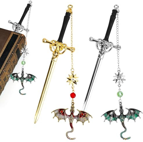 Bohrma Fantasy Lesezeichen viertem Flügel, Lesezeichen mit Drachen-Motiv Sward Dragon Männer, Schwert Bookmark Kristall Anhänger, Einzigartiges Geschenk, Frauen Männer