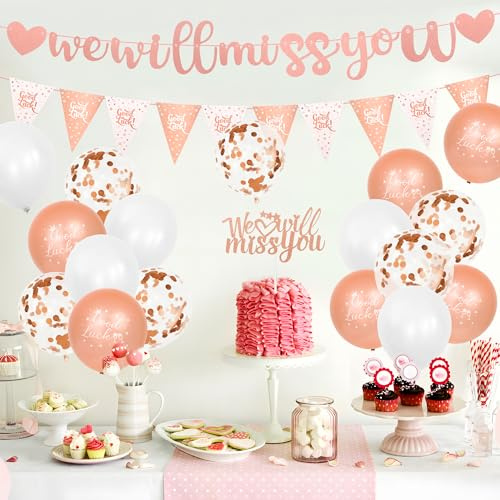 28Pcs Rose Gold Leaving Banners, Good Luck Banner Decoration, Sorry Your Leaving Decorations We Will Miss You with Triangle Flag Cake Topper for Retirement Going Away Graduation Party