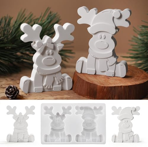 Skeadex Silikonformen Gießformen Weihnachten Elch, 2 Stück Silikonform Elch Silikonform Weihnachten Gips zum Gießen Hirsh Gießform Elch mit Herz Schleife Gießformen Silikon Weihnachten für DIY (A)