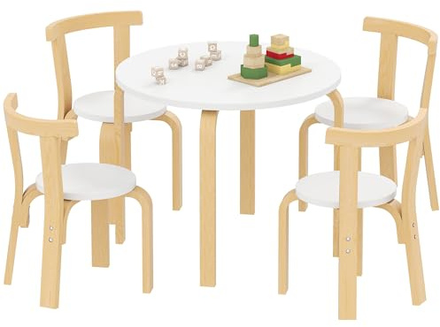 AIYAPLAY Tavolo con Sedie Bambini 3-8 Anni 5 pz con Bordi Arrotondati e Superfici Colorate, Tavolo per Bambini in Legno Bianco con 4 Sedie