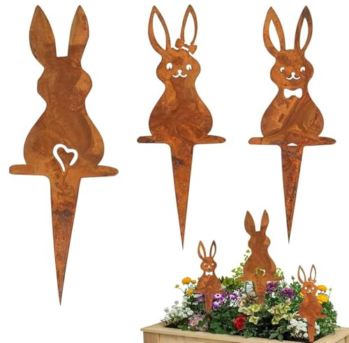 Tankermo 3 Stück Gartenstecker Rost Set, Metall Ostern Gartenstecker Frühling Roststecker Garten Osterhasen Baumstecker für Gartendeko Frühling Osterdekoration