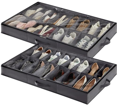 Lifewit Scatole per Scarpe con Finestra Trasparente, Contenitori Portaoggetti Pieghevole Sottoletto per Scarpe, Organizer per Scarpe con Manici Salvaspazio, Grigio, 2 x 16 Paia