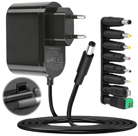 12V 2A Fuente de Alimentación, 24W 12V 2A Universal Adaptador 100-240V 5.5 × 2.1mm Transformador 1.5M Cable con 8 Adaptadores de Enchufe de 1000mA 1500mA 2000mA para LED Router Cámaras de Seguridad